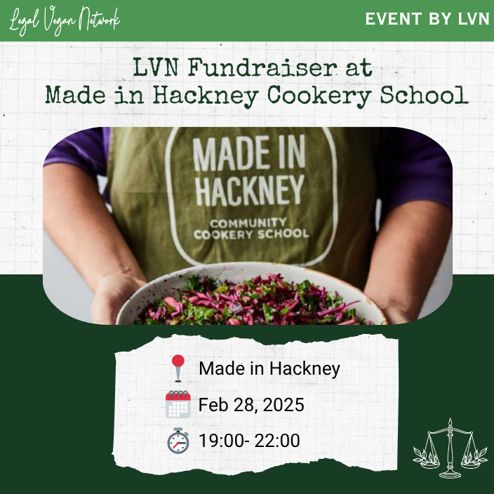 Poster for LVN event featuring photo of person in purple seeater wearing a green apron with the Made in Hackney logo on the front. The prson is holding a bowl of redd cabbage and green leaf salad