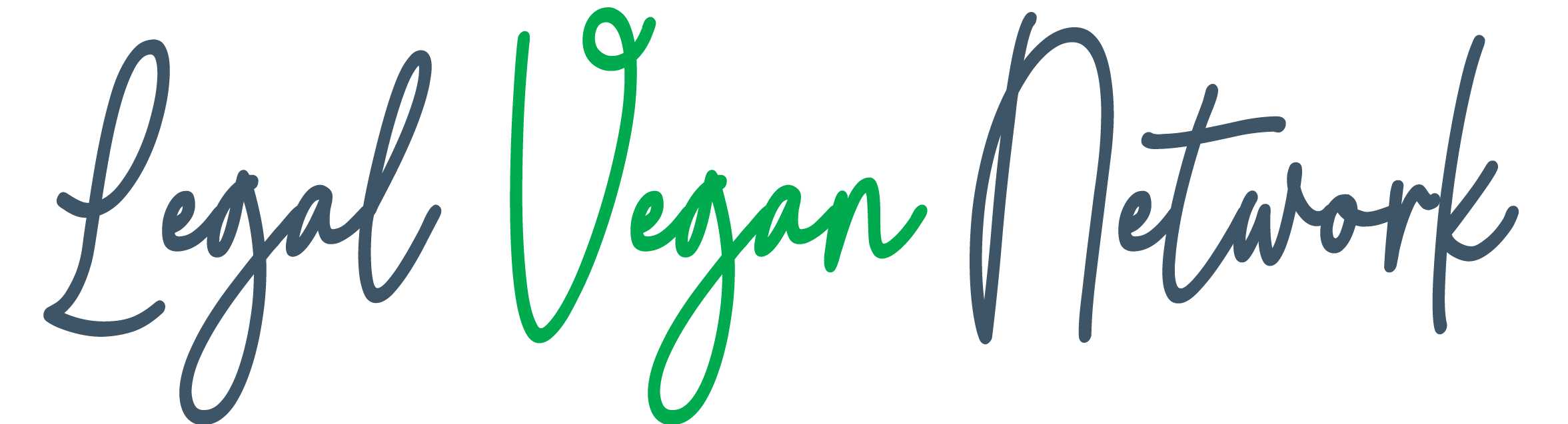 Logo for Legal Vegan Network featuring a minimalist outline of balanced scales filled with green leaves, symbolizing justice and plant-based ethics. The words 'Legal Vegan Network' are written below in handwritten-style script